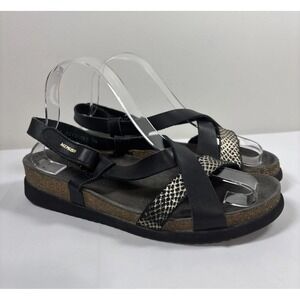 Mephisto Womens 39/9 Haneta Reptile Print Black Metallic Leather Sandal Festival
